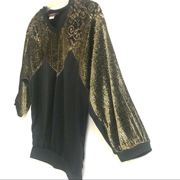 Vintage Retro boho gold metallic & black V-neck 3/4 sleeve blouse M - Picture 3 of 10
